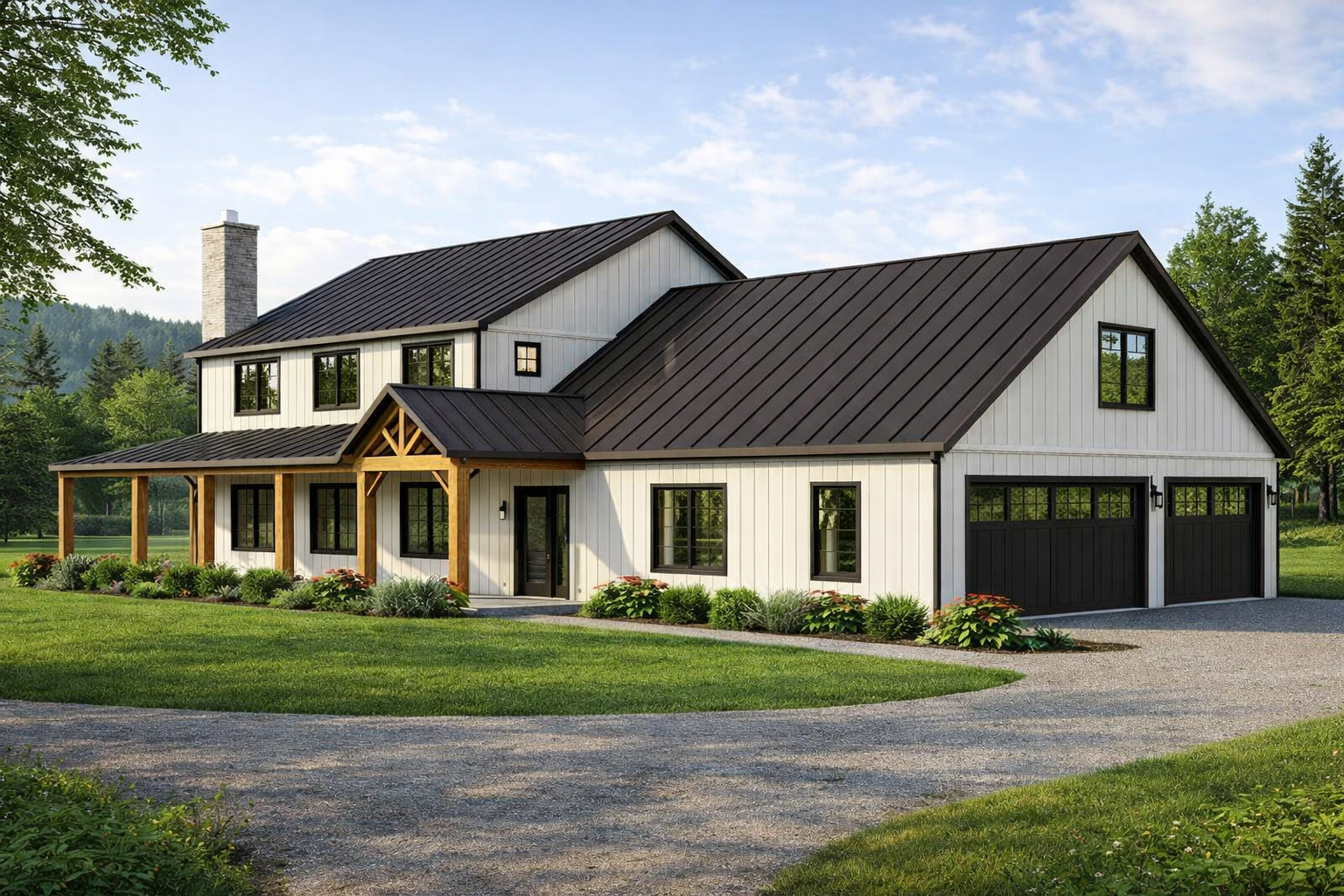 Modern steel-framed barndominium exterior.