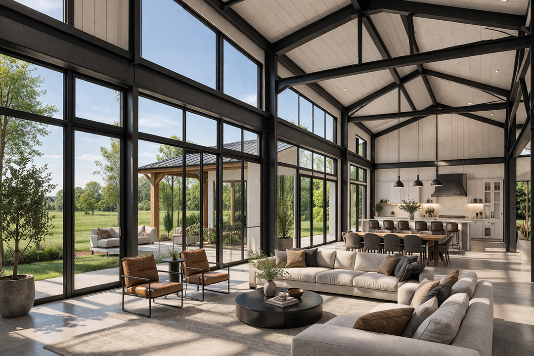 Architectural barndominium render with clean modern geometry.