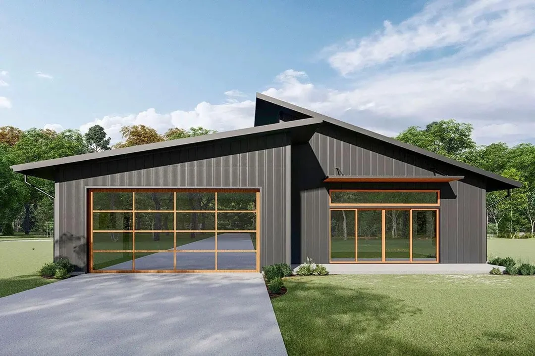 Architectural barndominium render with clean modern geometry and a mono styled roof.