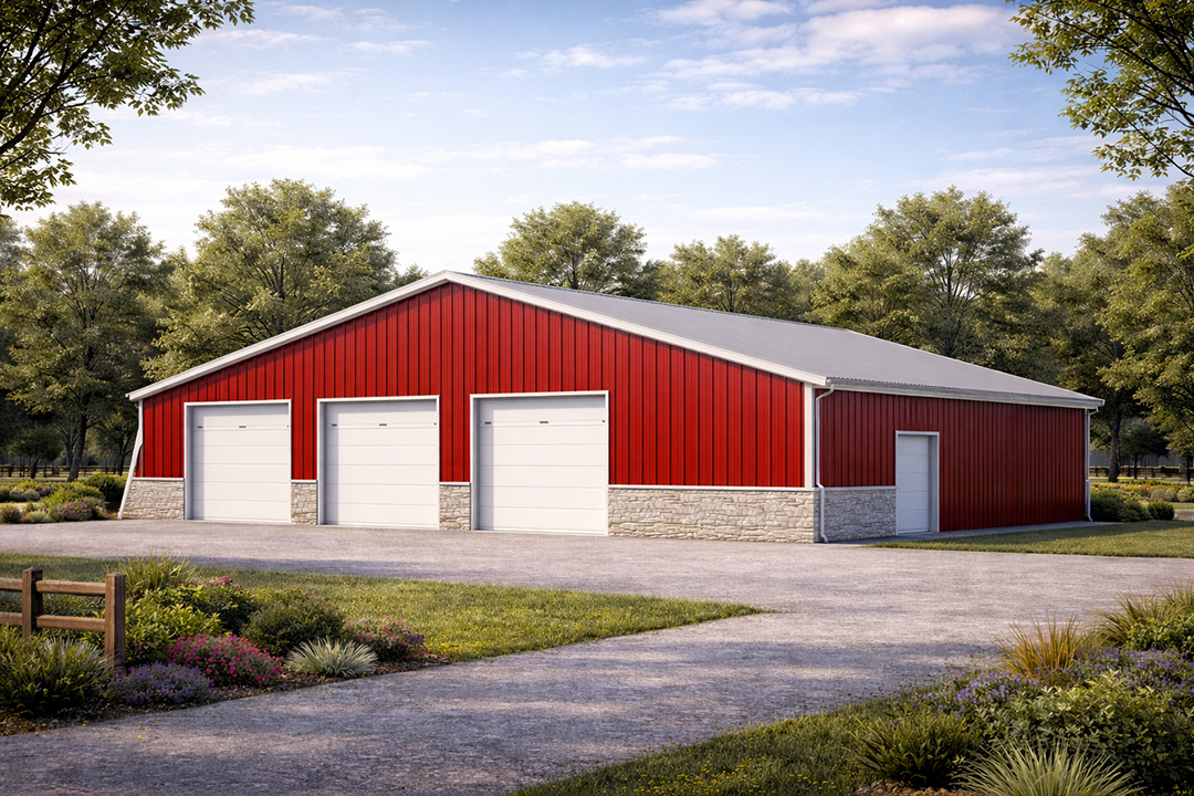 Red rural garage and workshop building with three overhead doors
